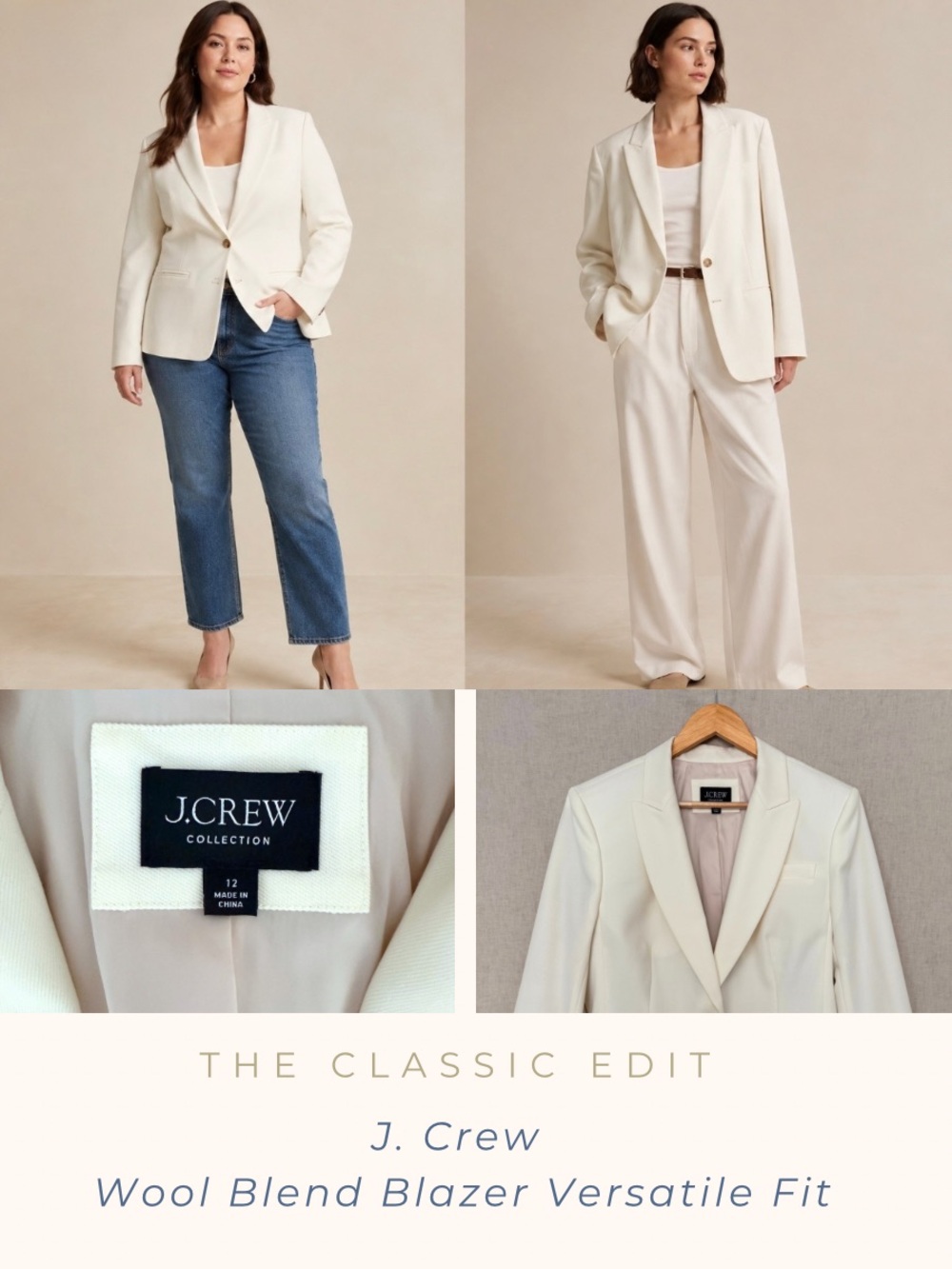 J. Crew Alexandra Wool Blend Cream Tailored Single-Button Blazer Versatile Fit